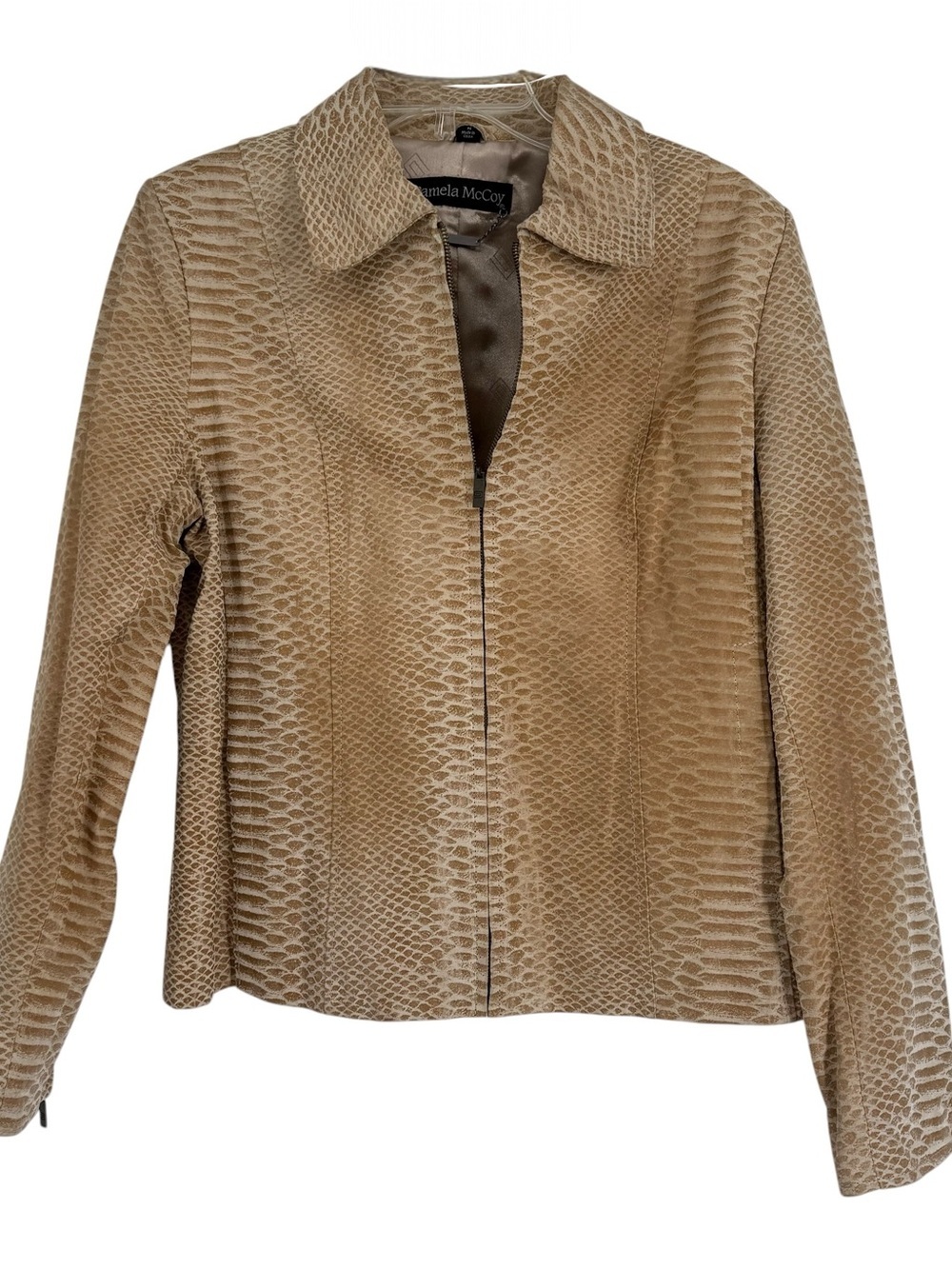 Vintage Pamela McCoy Tan Snakeskin Leather Textured Jacket Blazer Size M Zip